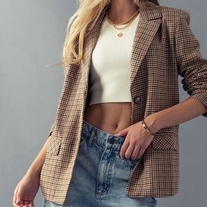 Casual Houndstooth Pattern Lapel Collar Blazer